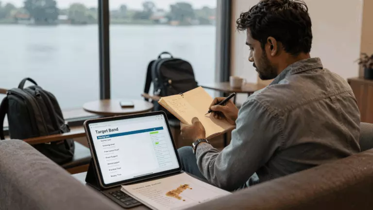 an Indian woman in her late 20s preparing online for अपने लक्ष्य स्कोर के लिए सर्वश्रेष्ठ आईईएलटीएस ऑनलाइन पाठ्यक्रम कैसे चुनें