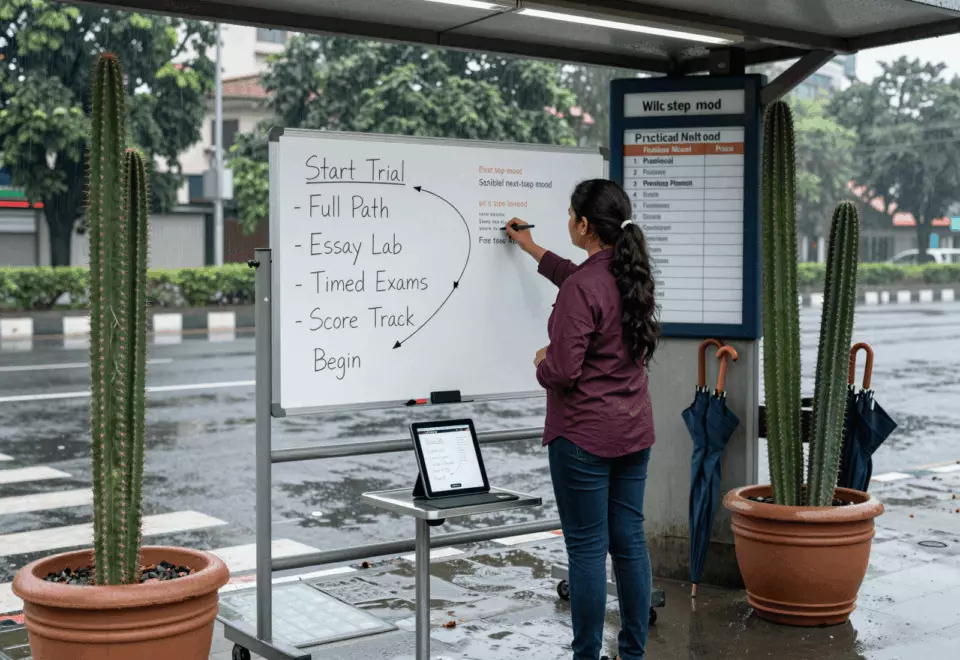 an Indian woman in her late 20s choosing the next IELTS prep step online