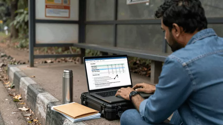 an Indian woman in her late 20s preparing online for आईईएलटीएस पाठ्यक्रम शुल्क: ऑनलाइन आईईएलटीएस तैयारी की लागत क्या होनी चाहिए?
