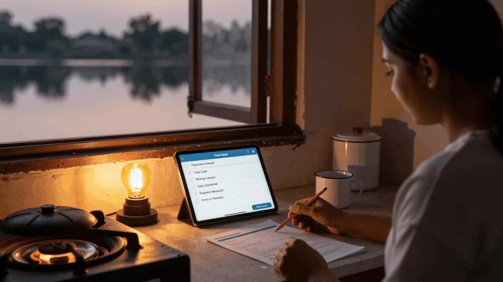 an Indian woman in her late 20s working through निर्णय लें