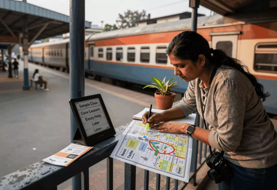 an Indian woman in her late 20s choosing the next IELTS prep step online