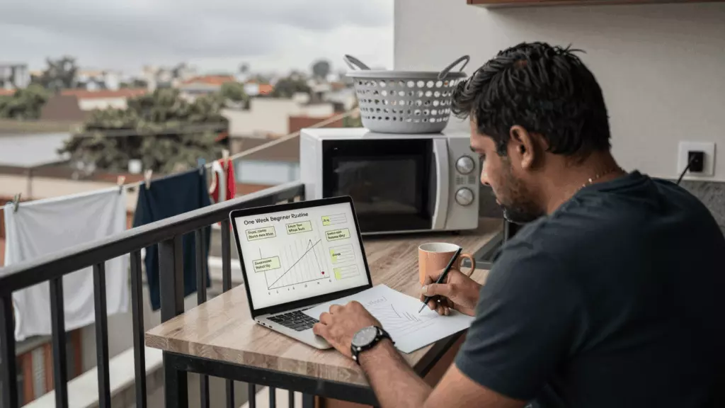 an Indian woman in her late 20s reviewing an IELTS online course workflow