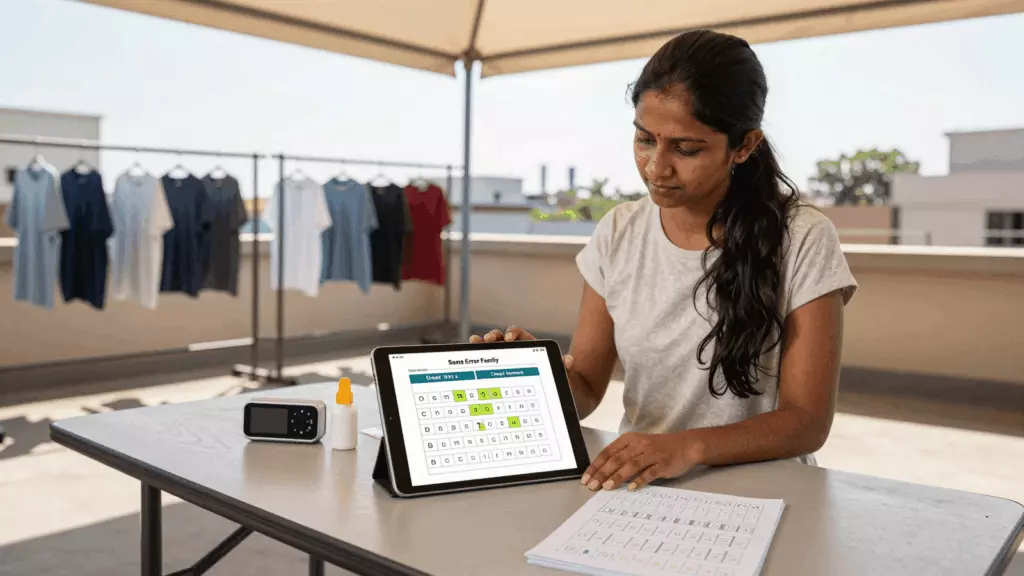 an Indian woman in her late 20s working through अभ्यास