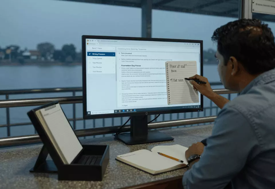 an Indian woman in her late 20s choosing the next IELTS prep step online