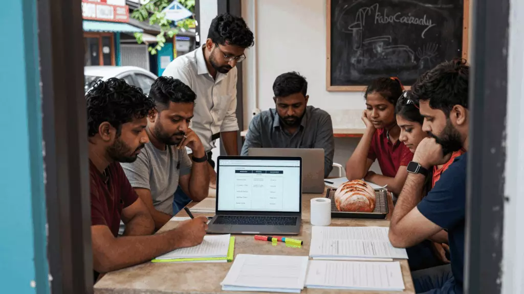 an Indian woman in her late 20s reviewing an IELTS online course workflow