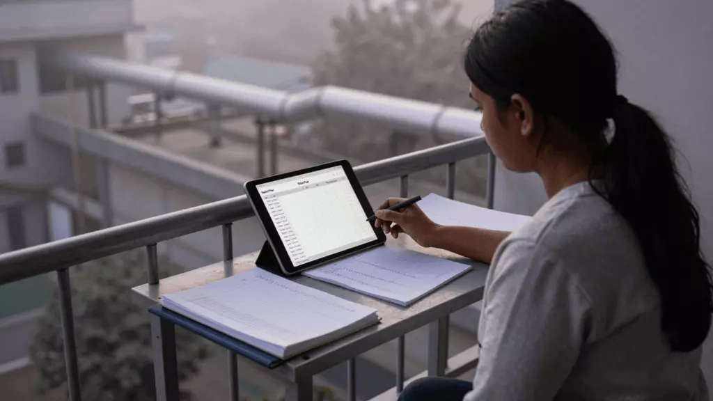 an Indian woman in her late 20s working through स्थिर करें