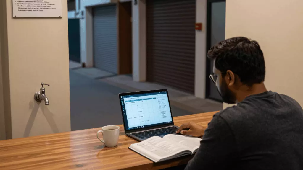 an Indian woman in her late 20s reviewing an IELTS online course workflow