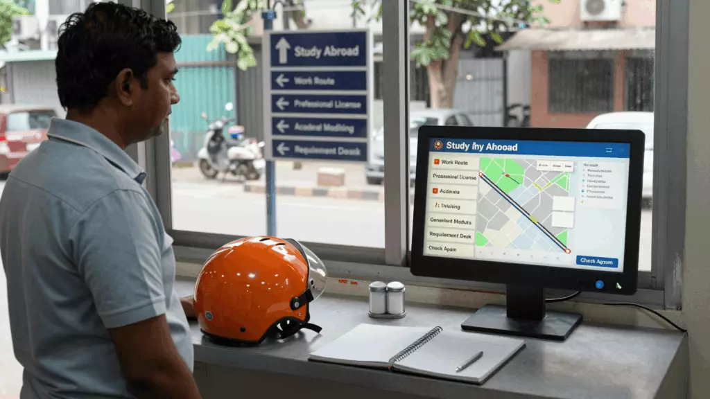 an Indian woman in her late 20s reviewing an IELTS online course workflow