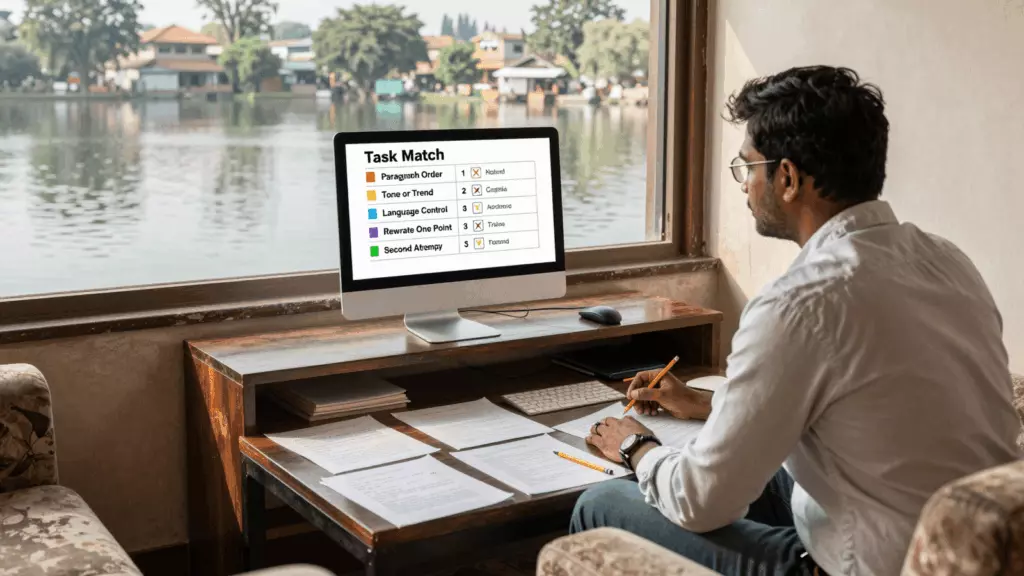 an Indian woman in her late 20s reviewing an IELTS online course workflow