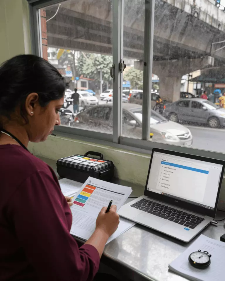 an Indian woman in her late 20s preparing online for आईईएलटीएस राइटिंग टास्क 2 कोर्स गाइड: निबंध, विचार, संरचना और बैंड स्कोर