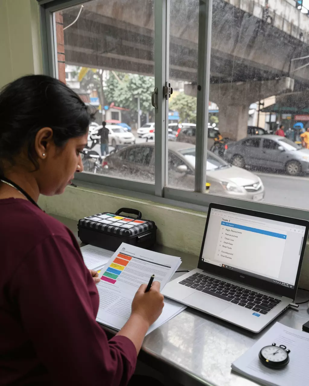an Indian woman in her late 20s preparing online for आईईएलटीएस राइटिंग टास्क 2 कोर्स गाइड: निबंध, विचार, संरचना और बैंड स्कोर
