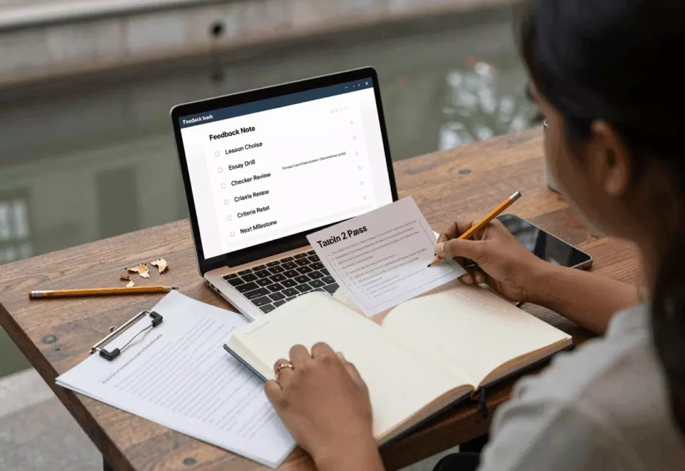 an Indian woman in her late 20s choosing the next IELTS prep step online