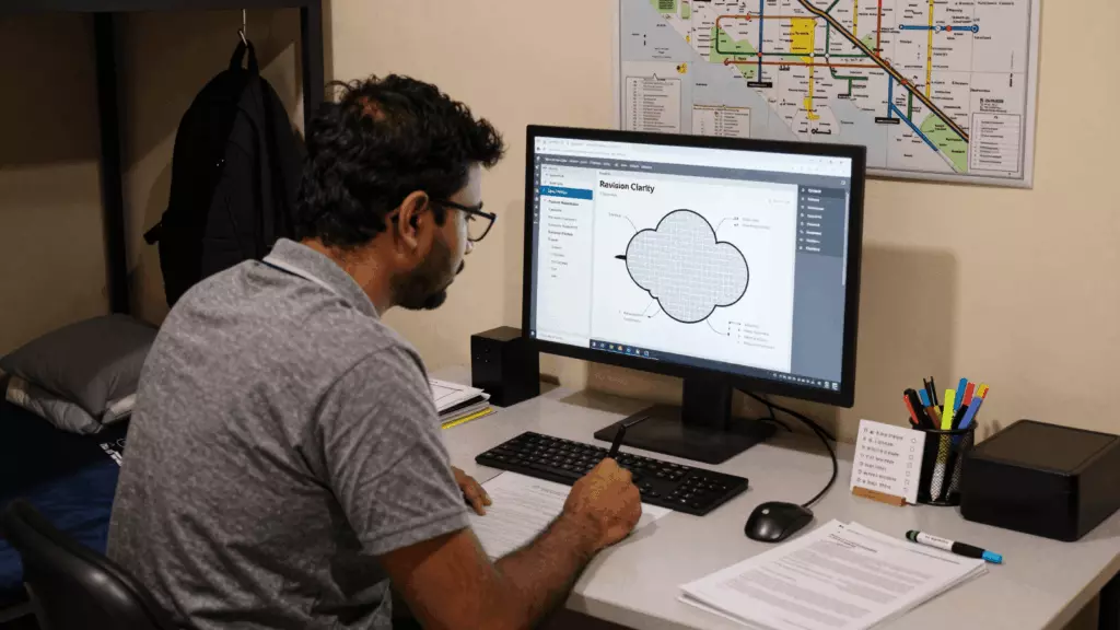 an Indian woman in her late 20s reviewing an IELTS online course workflow
