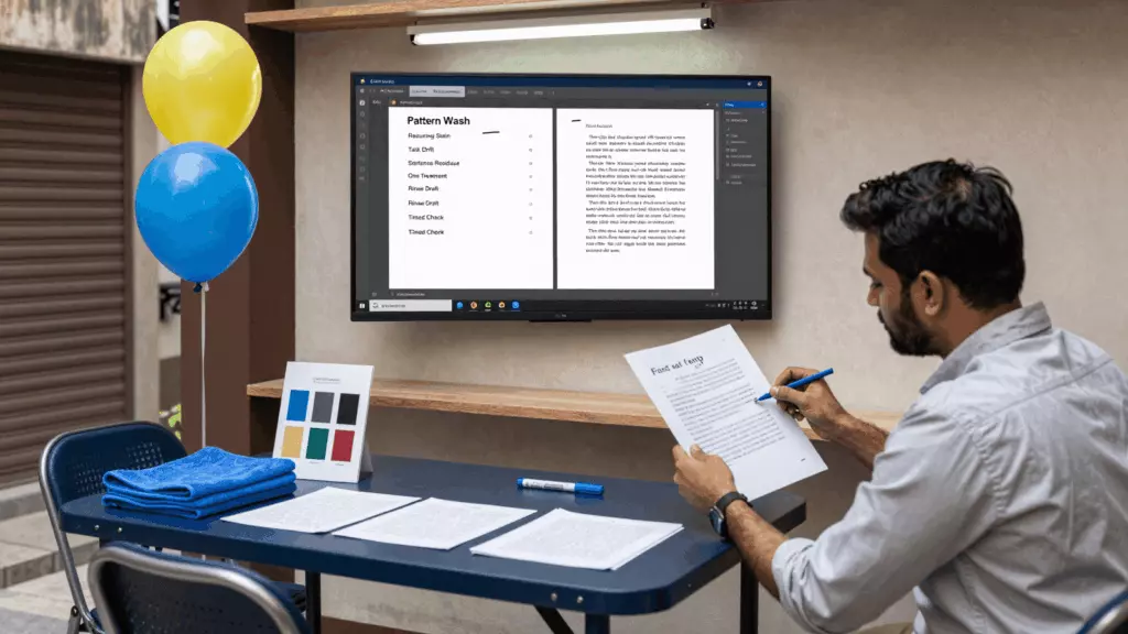 an Indian woman in her late 20s reviewing an IELTS online course workflow