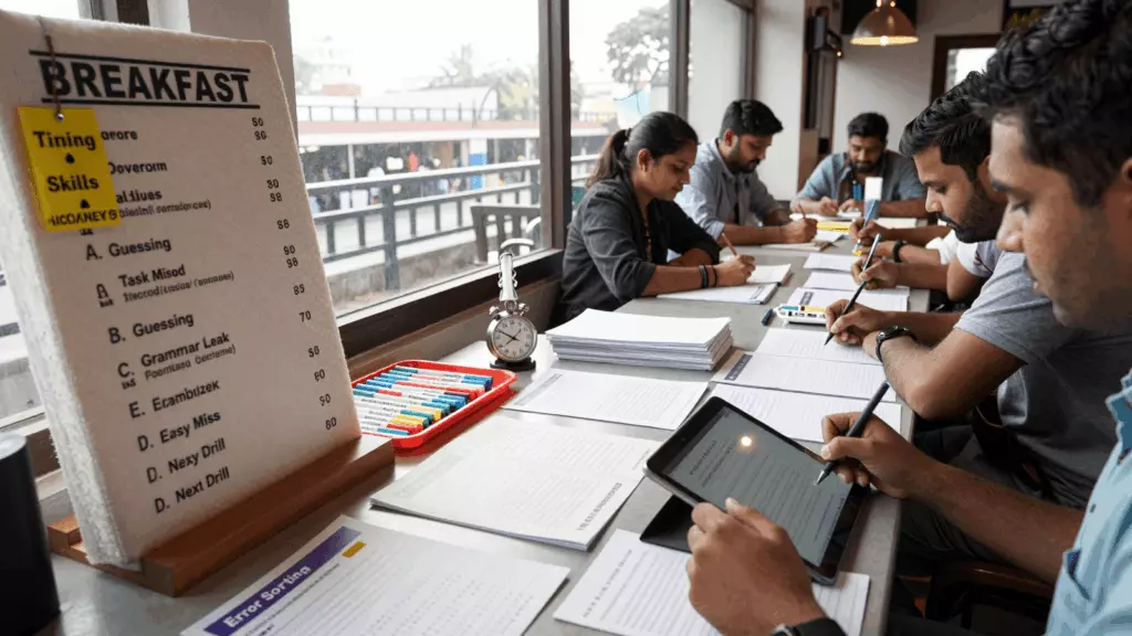 an Indian woman in her late 20s working through मार्क