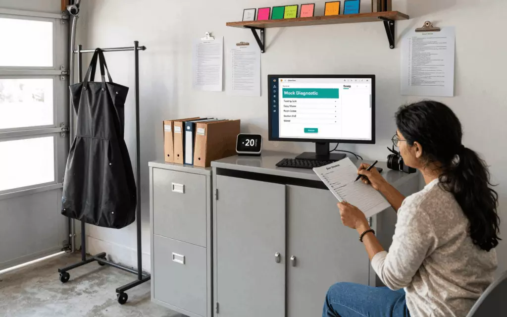an Indian woman in her late 20s reviewing an IELTS online course workflow