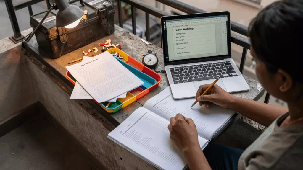 an Indian woman in her late 20s working through मार्क