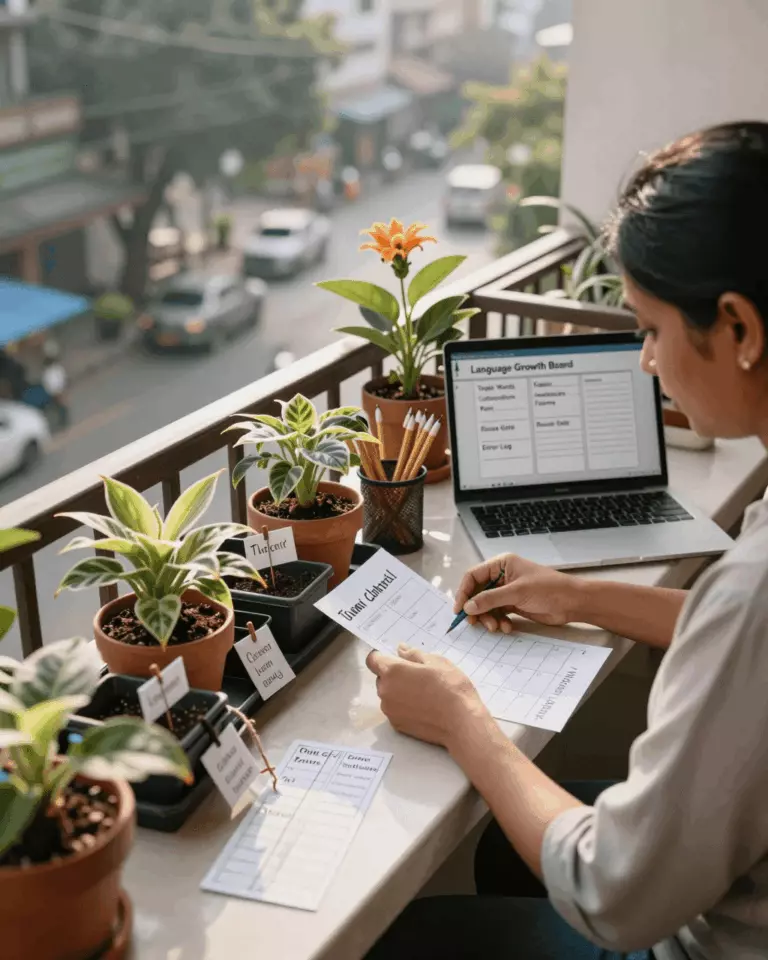 an Indian woman in her late 20s preparing online for उच्च बैंड के लिए आईईएलटीएस व्याकरण और शब्दावली: पहले क्या सीखें
