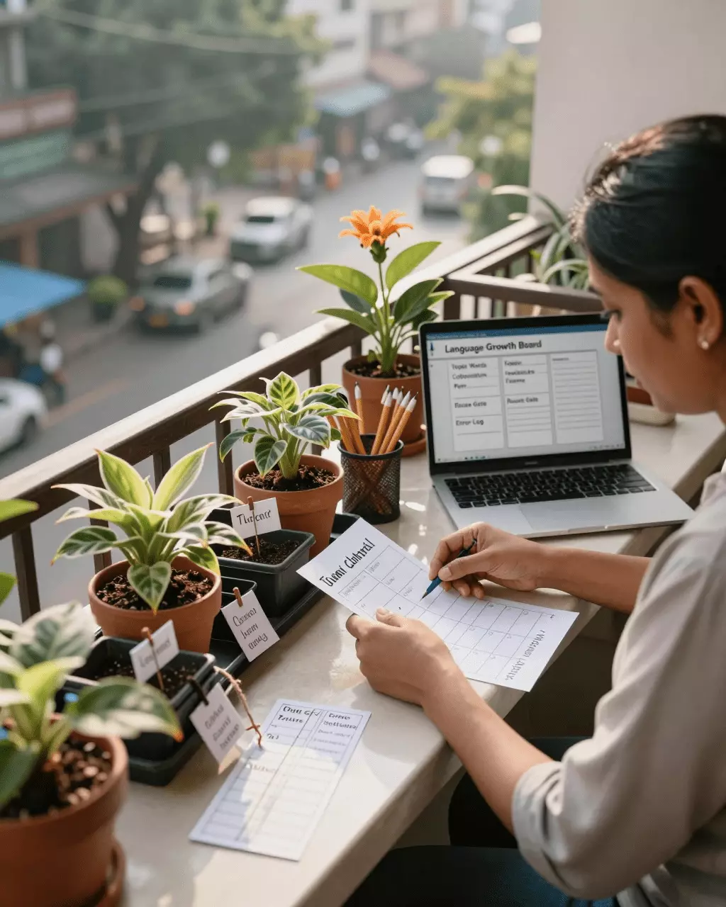 an Indian woman in her late 20s preparing online for उच्च बैंड के लिए आईईएलटीएस व्याकरण और शब्दावली: पहले क्या सीखें