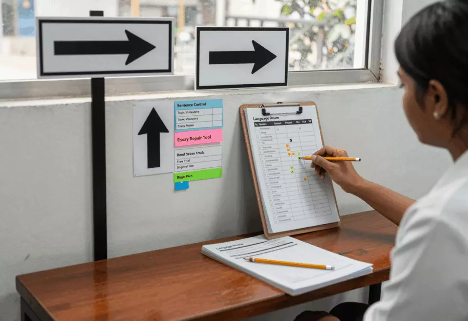 an Indian woman in her late 20s choosing the next IELTS prep step online