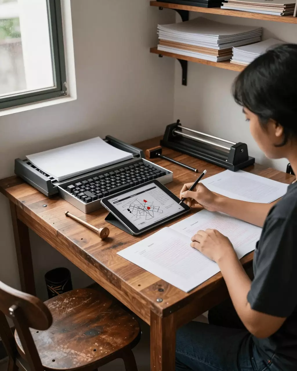an Indonesian woman in her late 20s preparing online for Kursus Menulis IELTS: Tugas 1, Tugas 2, Skor Band, dan Keterampilan Esai