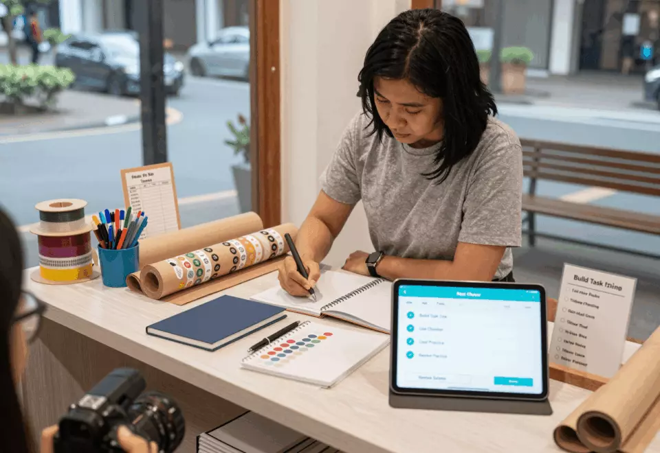 an Indonesian woman in her late 20s choosing the next IELTS prep step online