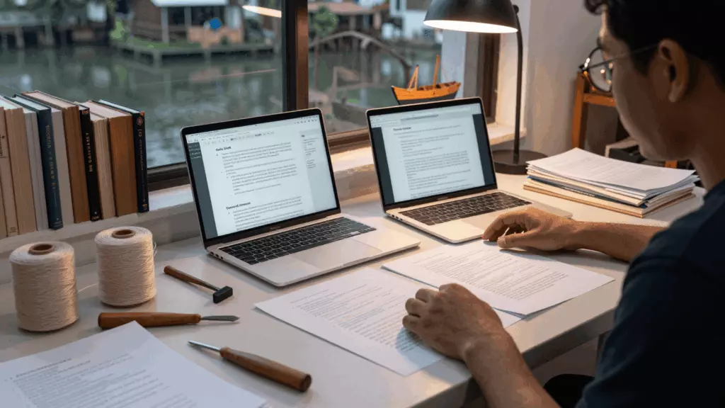 an Indonesian woman in her late 20s reviewing an IELTS online course workflow