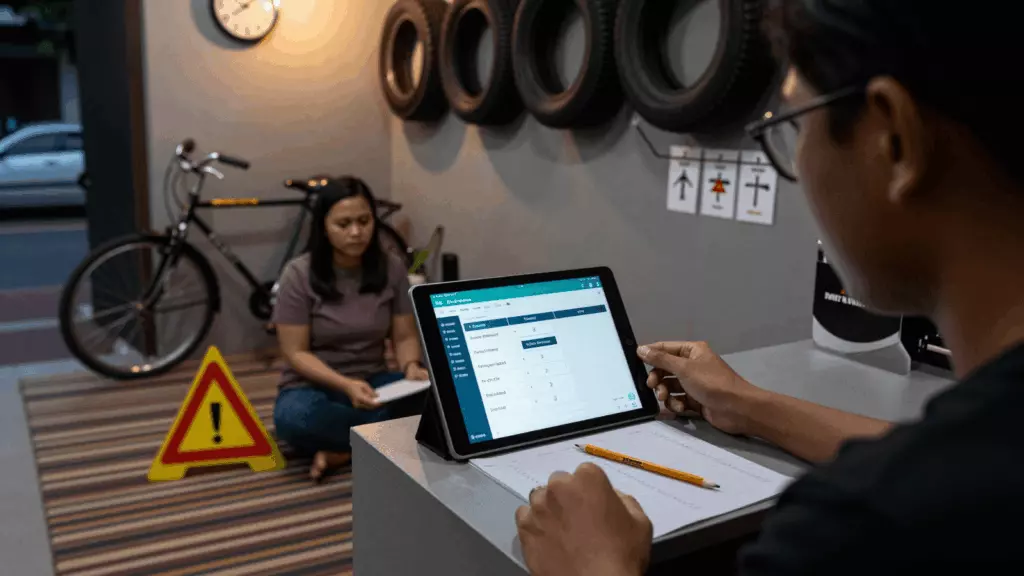 an Indonesian woman in her late 20s working through Tes ulang