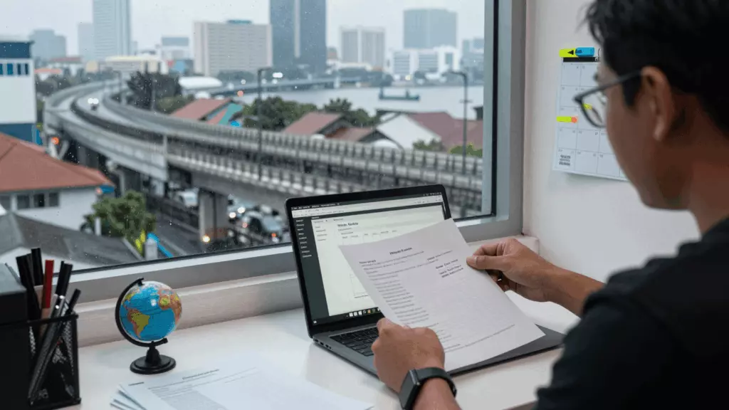 an Indonesian woman in her late 20s reviewing an IELTS online course workflow
