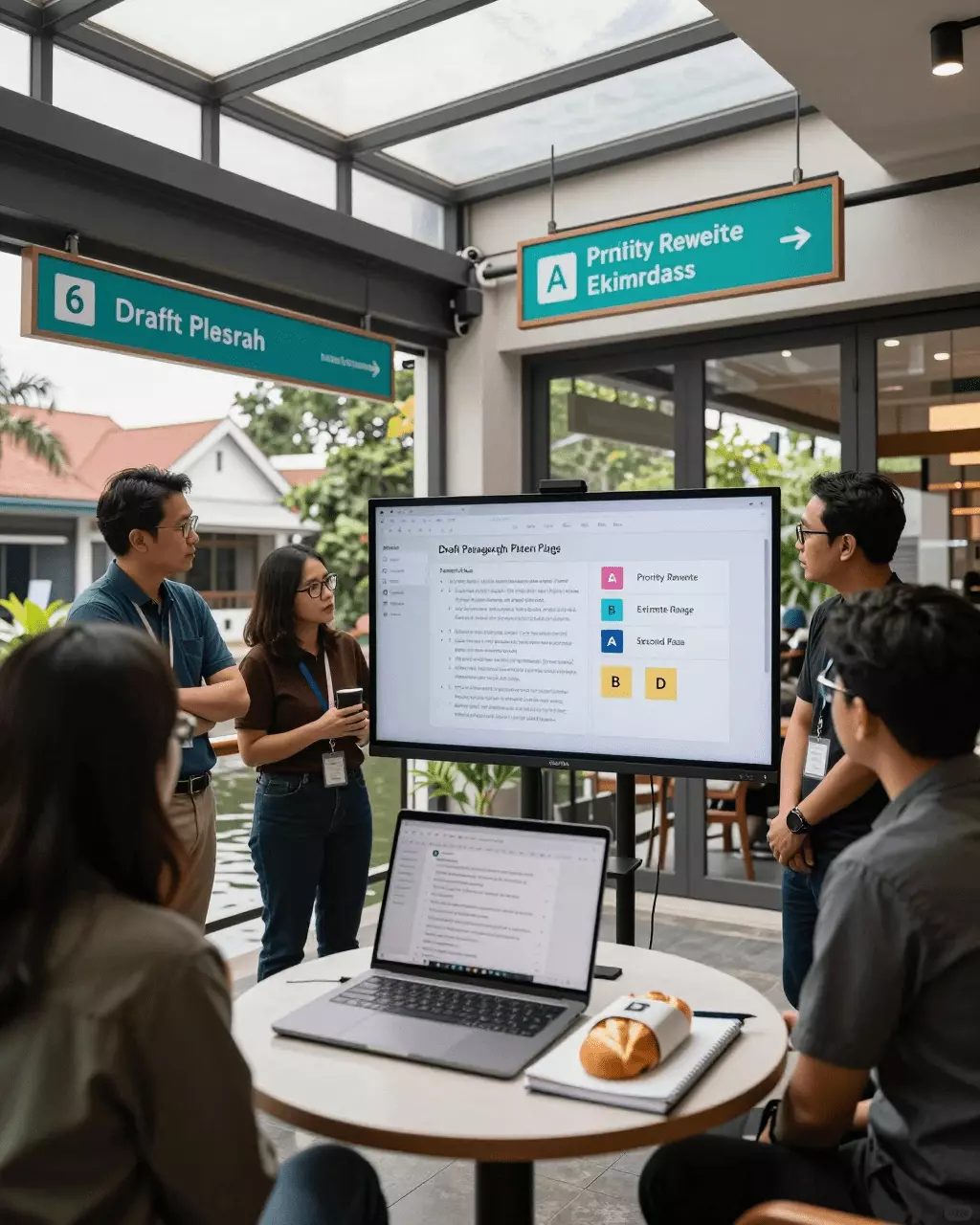 an Indonesian woman in her late 20s preparing online for Pemeriksa Penulisan IELTS: Periksa Esai, Perkiraan Kelompok, dan Peningkatan Lebih Cepat