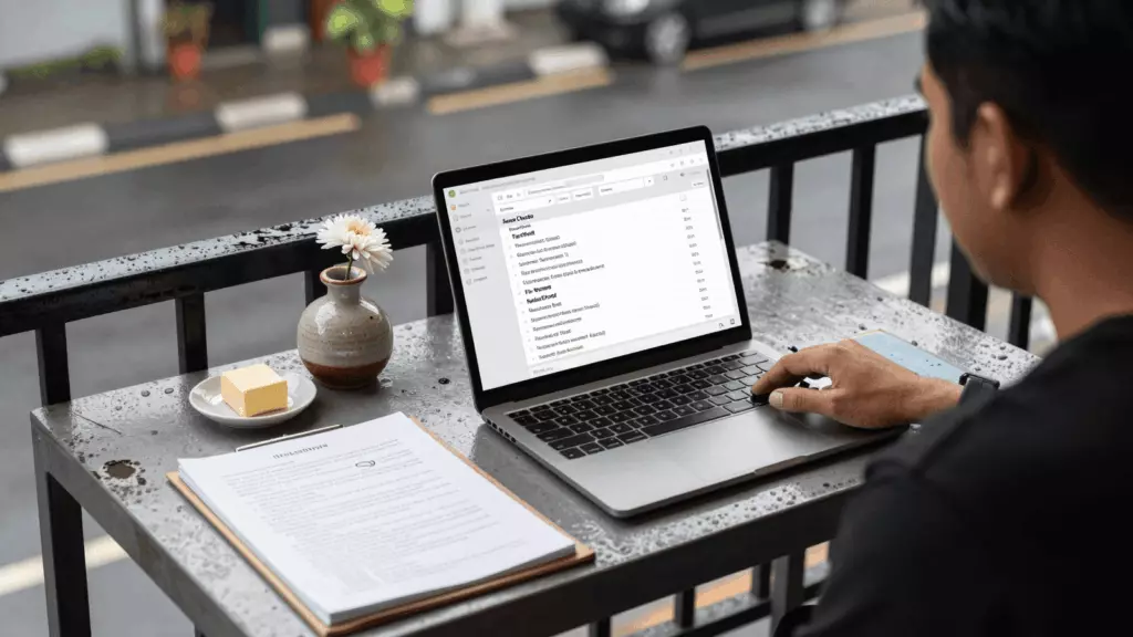 an Indonesian woman in her late 20s reviewing an IELTS online course workflow