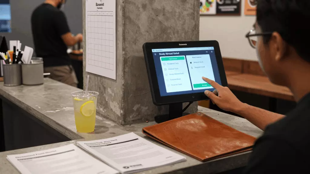 an Indonesian woman in her late 20s reviewing an IELTS online course workflow