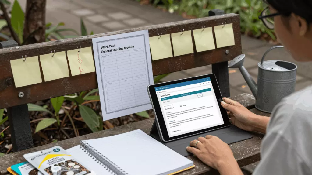 an Indonesian woman in her late 20s reviewing an IELTS online course workflow