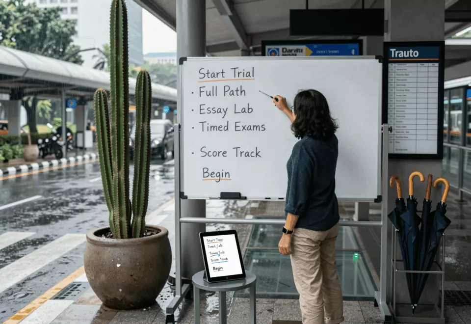 an Indonesian woman in her late 20s choosing the next IELTS prep step online