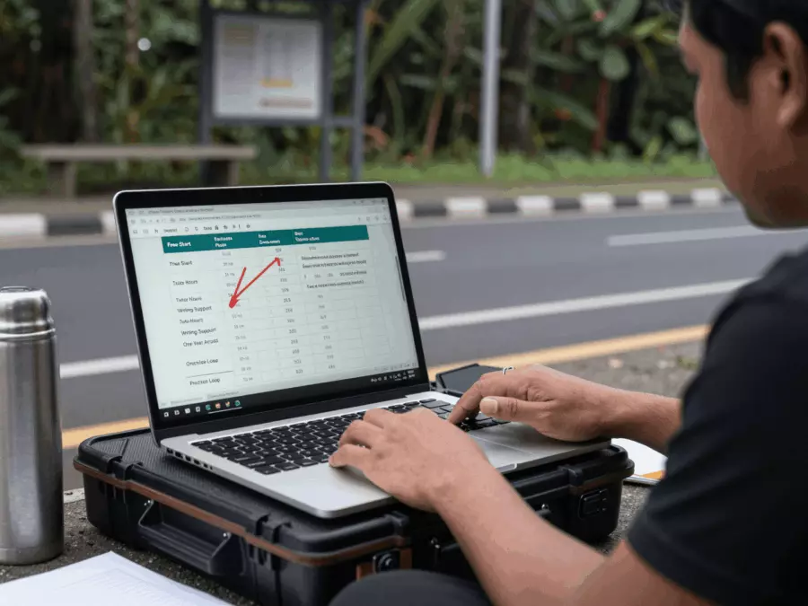 Pelajar IELTS mandiri yang belajar online di meja yang tenang