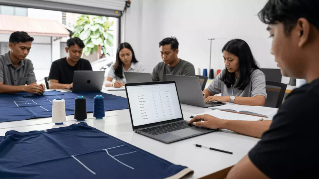 an Indonesian woman in her late 20s reviewing an IELTS online course workflow