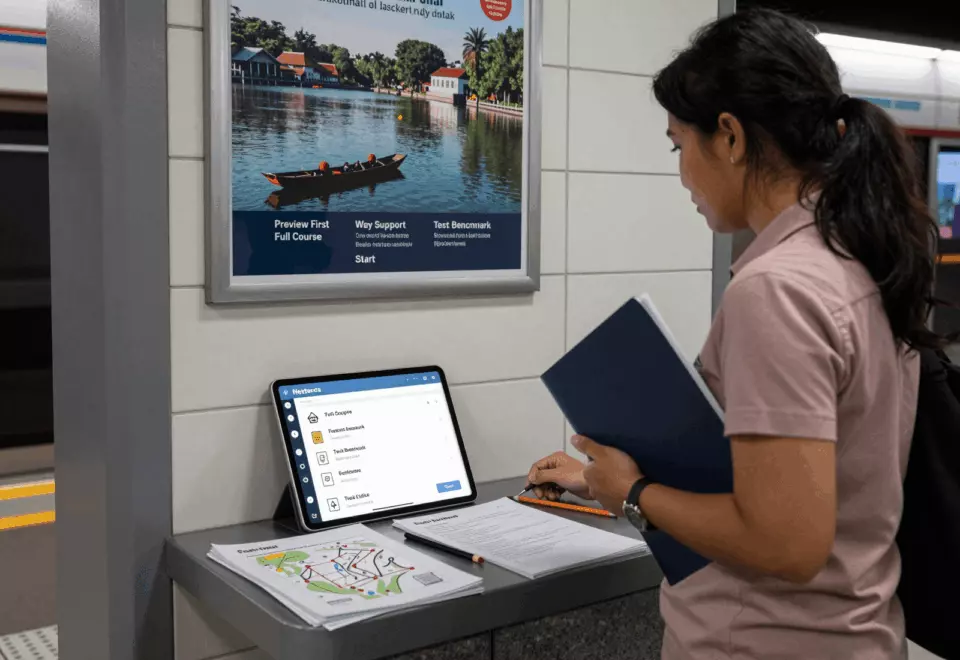 an Indonesian woman in her late 20s choosing the next IELTS prep step online