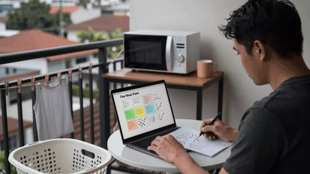 an Indonesian woman in her late 20s reviewing an IELTS online course workflow
