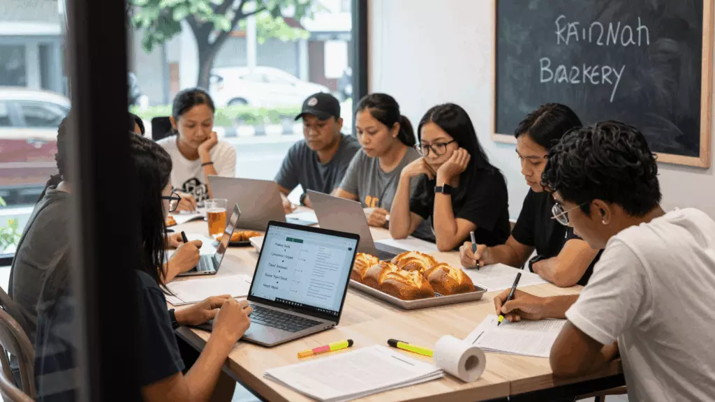 an Indonesian woman in her late 20s reviewing an IELTS online course workflow