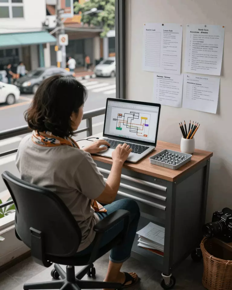an Indonesian woman in her late 20s preparing online for Cara Meningkatkan Skor Band IELTS Anda Dengan Pelajaran, Latihan, dan Tinjauan Menulis