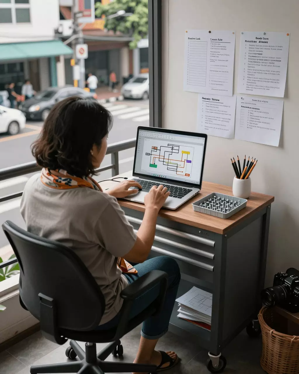 an Indonesian woman in her late 20s preparing online for Cara Meningkatkan Skor Band IELTS Anda Dengan Pelajaran, Latihan, dan Tinjauan Menulis
