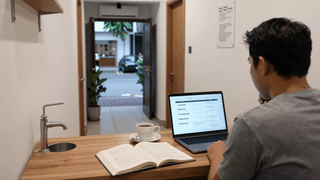 an Indonesian woman in her late 20s reviewing an IELTS online course workflow