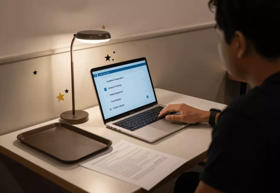 an Indonesian woman in her late 20s choosing the next IELTS prep step online