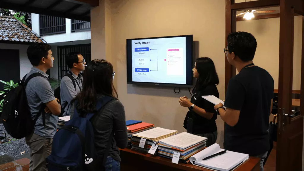 an Indonesian woman in her late 20s reviewing an IELTS online course workflow