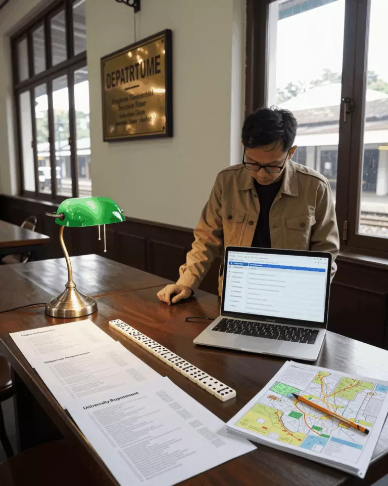 an Indonesian woman in her late 20s preparing online for Kursus IELTS untuk Belajar di Luar Negeri: Mempersiapkan Penerimaan Universitas