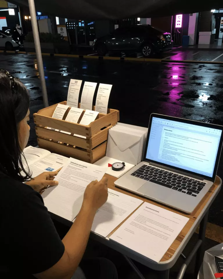 an Indonesian woman in her late 20s preparing online for Panduan Kursus Tugas Menulis IELTS 1: Laporan Akademik dan Surat Umum