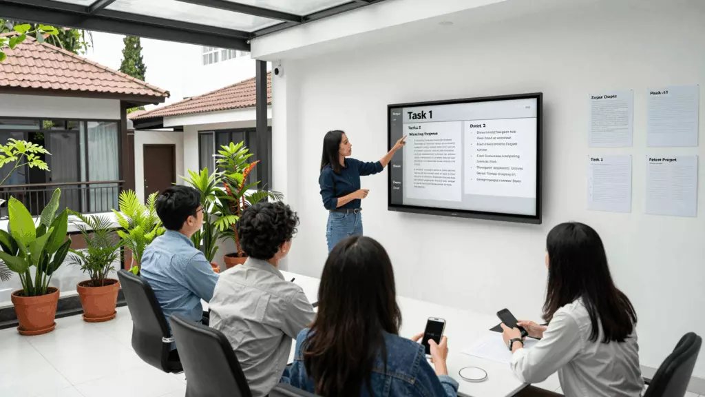 an Indonesian woman in her late 20s working through Revisi
