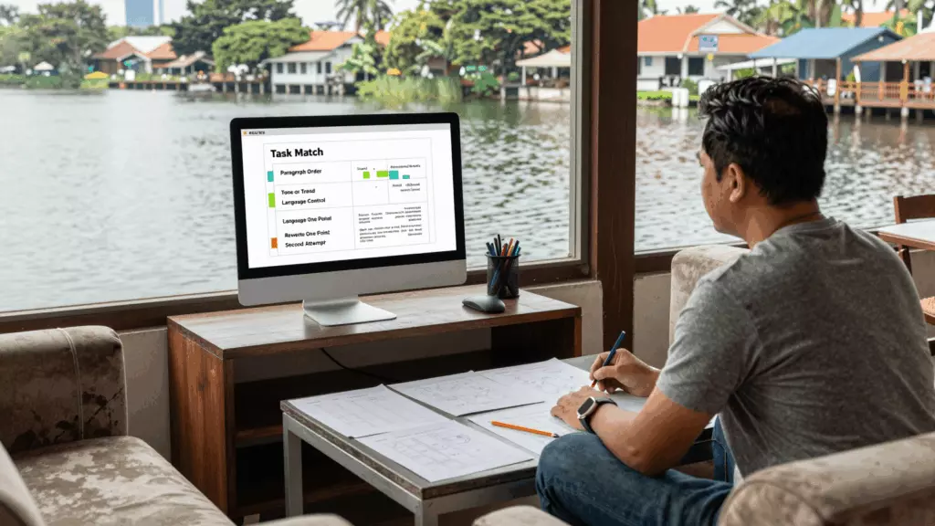 an Indonesian woman in her late 20s reviewing an IELTS online course workflow