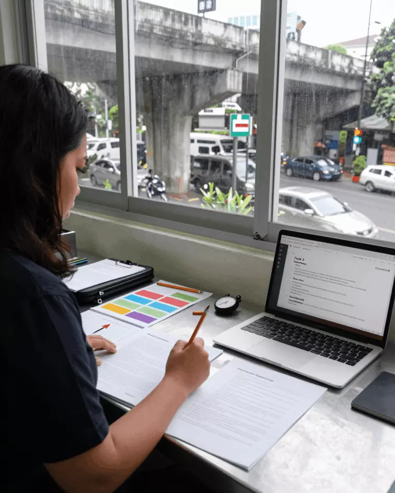 an Indonesian woman in her late 20s preparing online for Panduan Kursus Tugas Menulis IELTS 2: Esai, Ide, Struktur, dan Skor Band