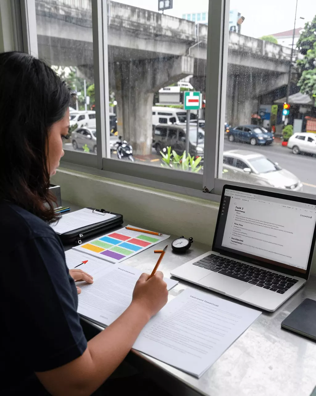 an Indonesian woman in her late 20s preparing online for Panduan Kursus Tugas Menulis IELTS 2: Esai, Ide, Struktur, dan Skor Band